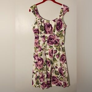 London Times Spring Floral Fit Flare Dress Size 8 Purple Rose Print Sleeveless